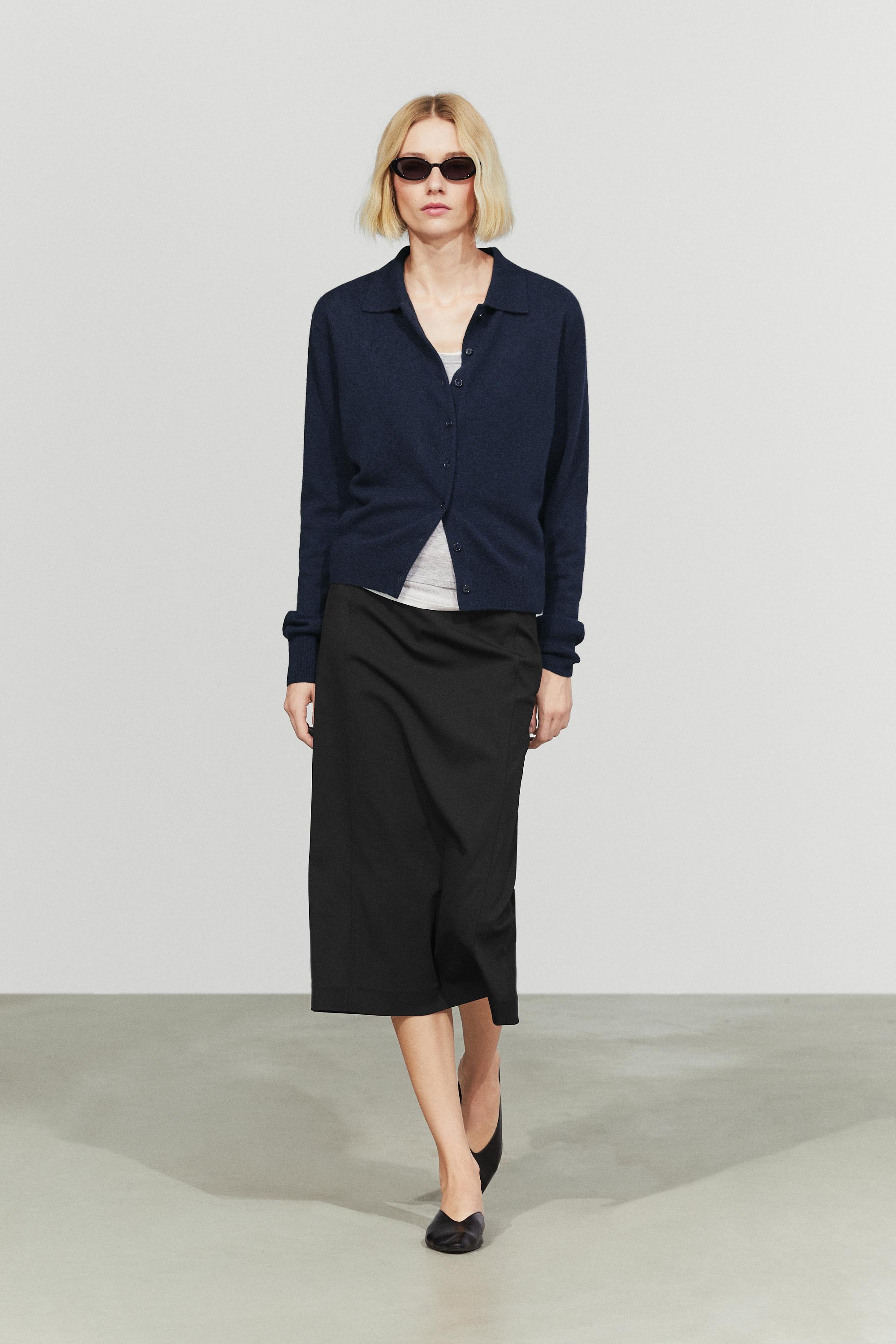 100% cashmere knit polo collar cardigan — Navy blue