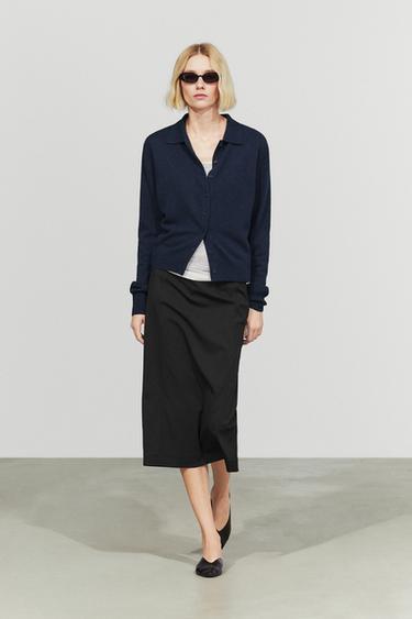 Zara 100% cashmere knit polo collar cardigan - Navy blue - Image 0