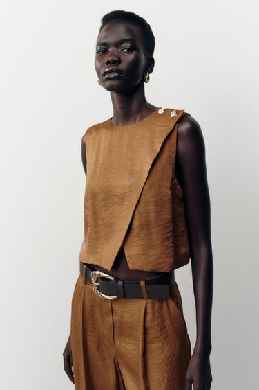 Zara SATIN EFFECT WRAP TOP - Caramel