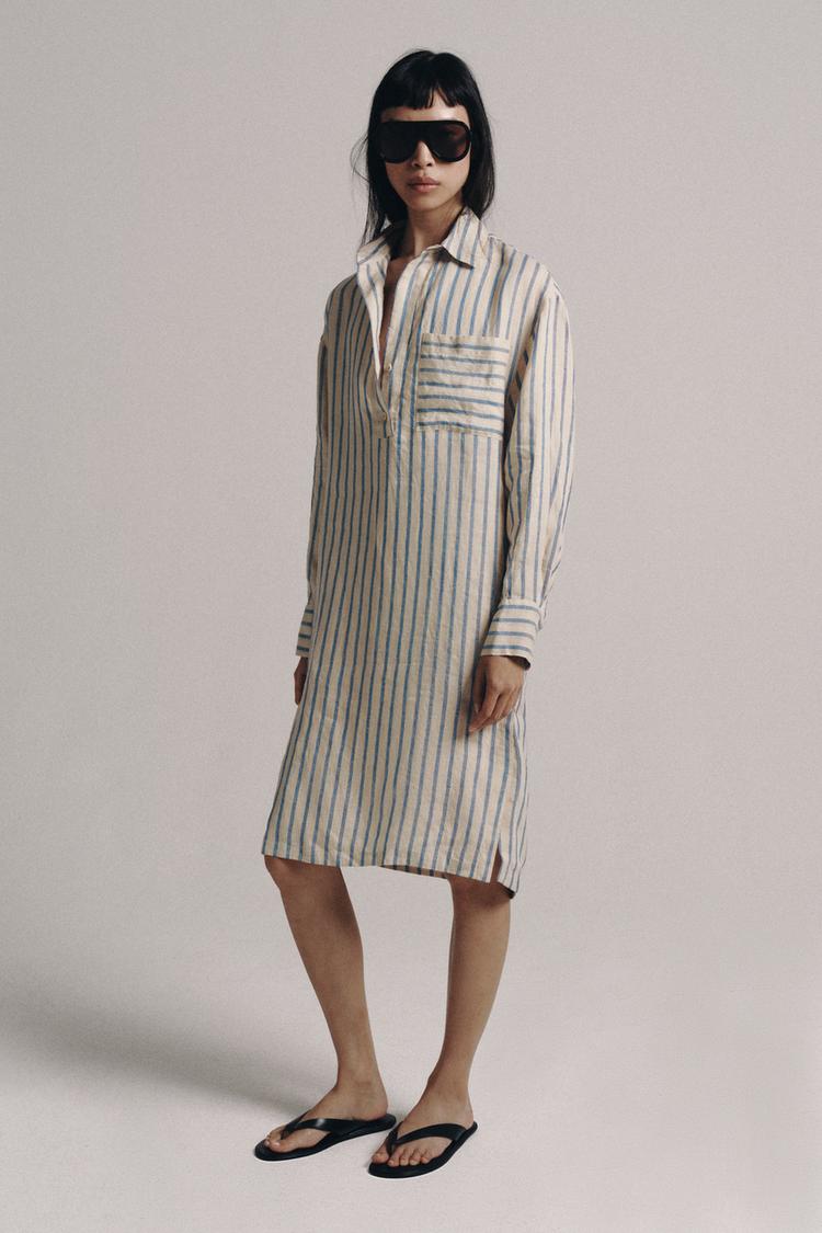 Vestido camisero a rayas de 100% lino de la colección ZW 4