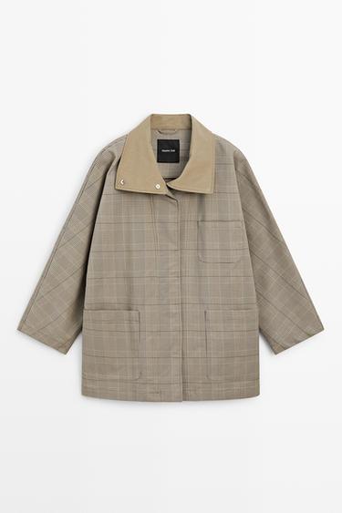 Zara Cotton blend plaid high neck jacket - Khaki - Image 0