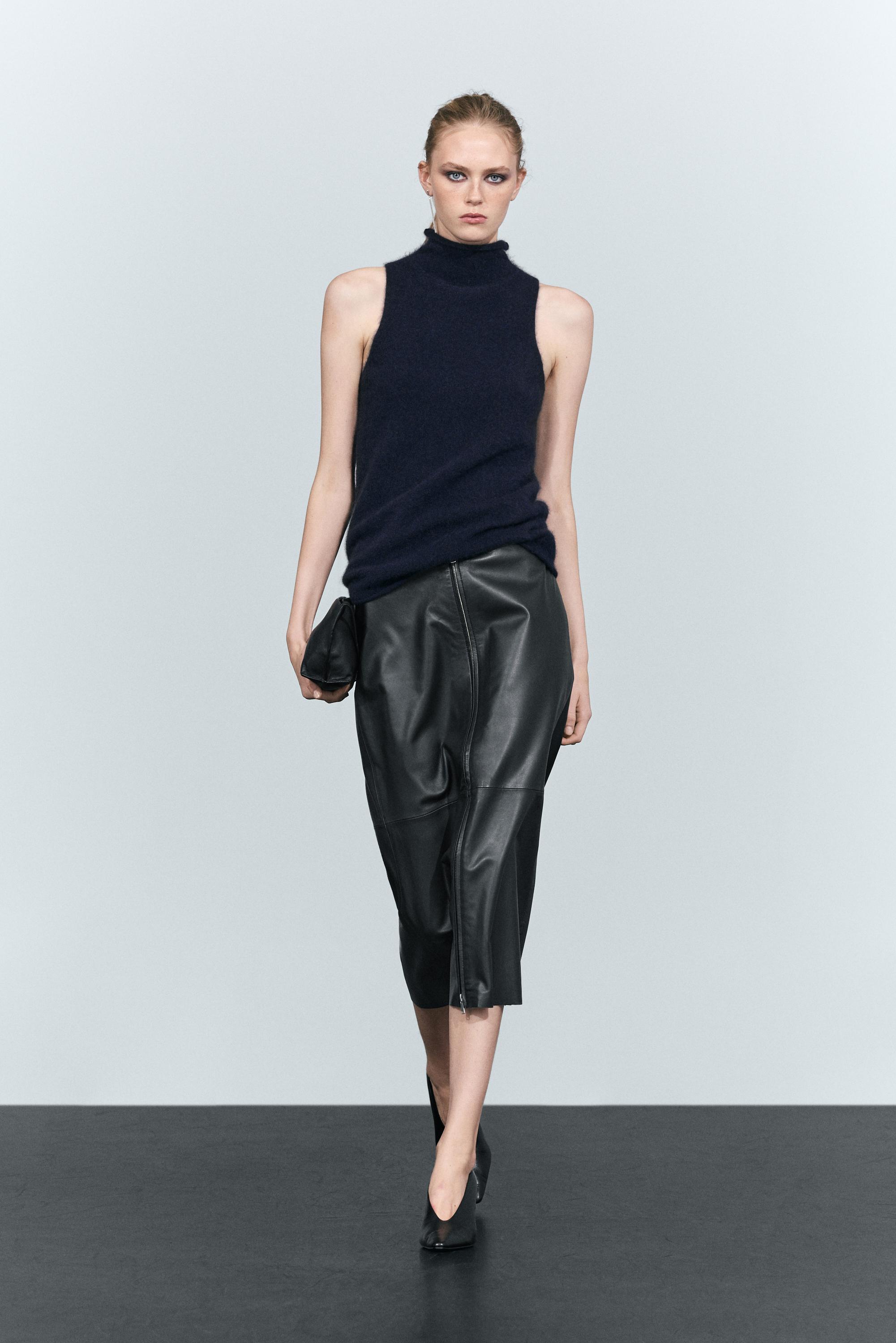 Jupe midi zippée en cuir nappa