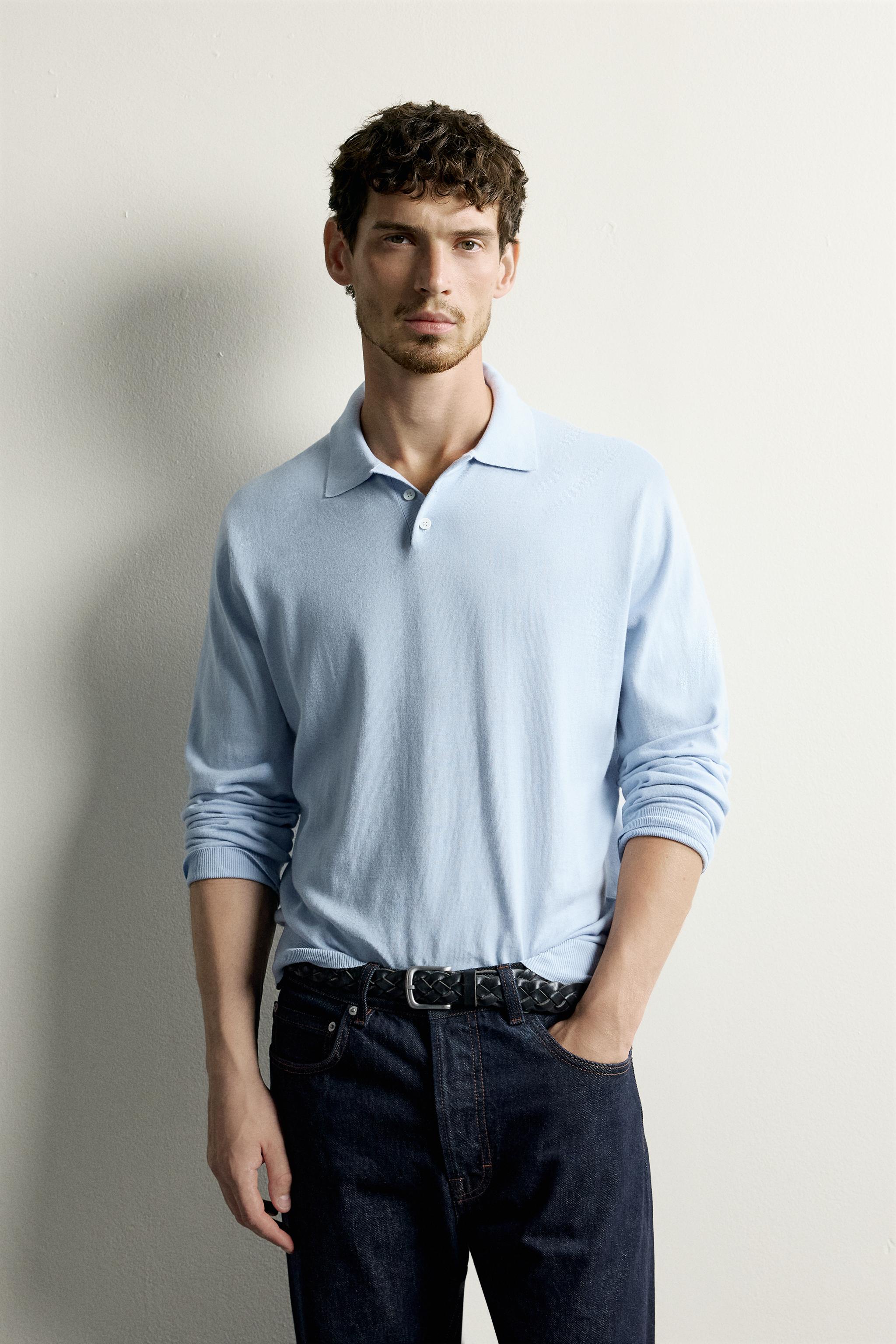 LIGHTWEIGHT COTTON BLEND KNIT POLO — Sky blue