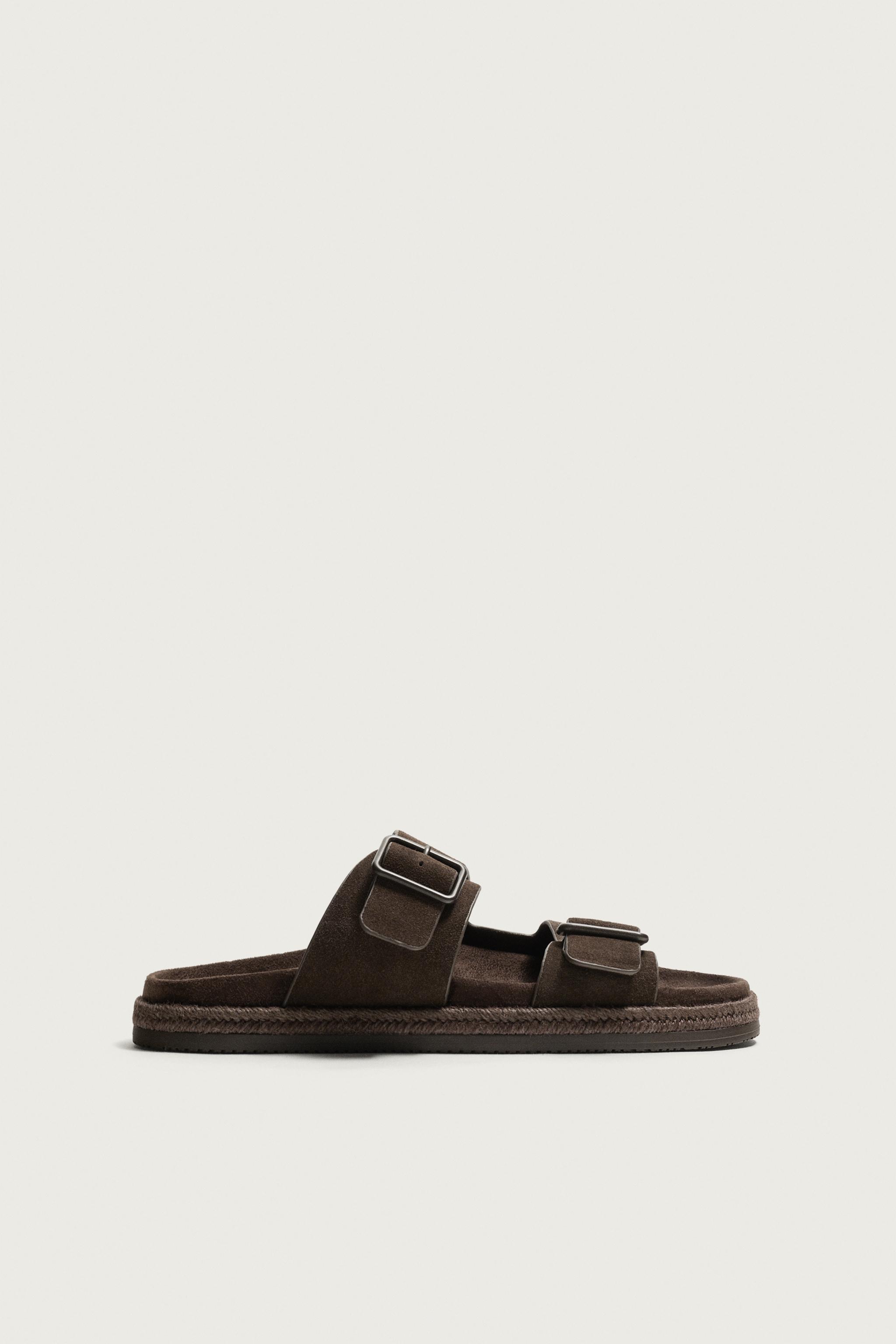 DOUBLE STRAP LEATHER SANDALS — Chocolate