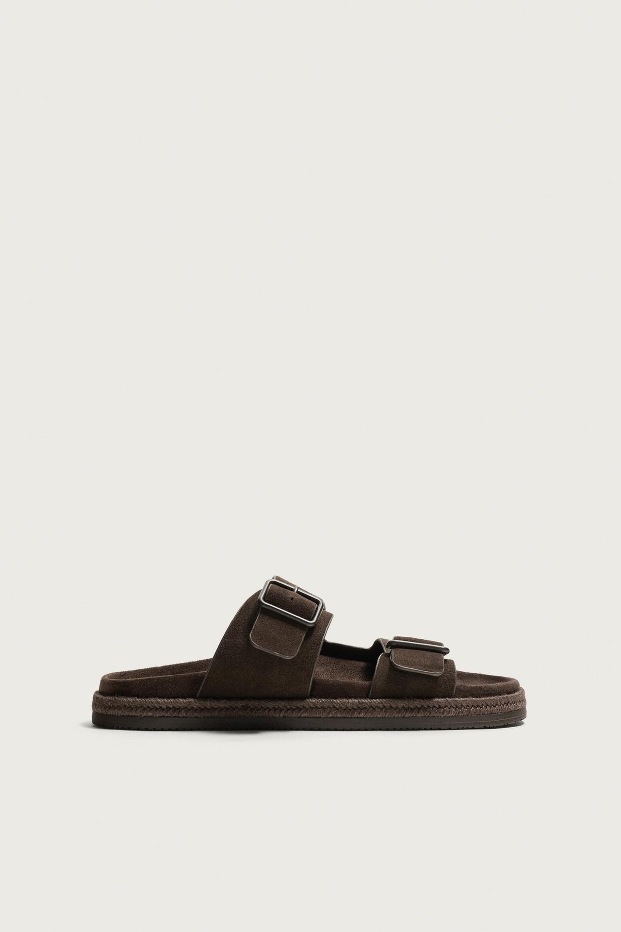 DOUBLE STRAP LEATHER SANDALS — Chocolate