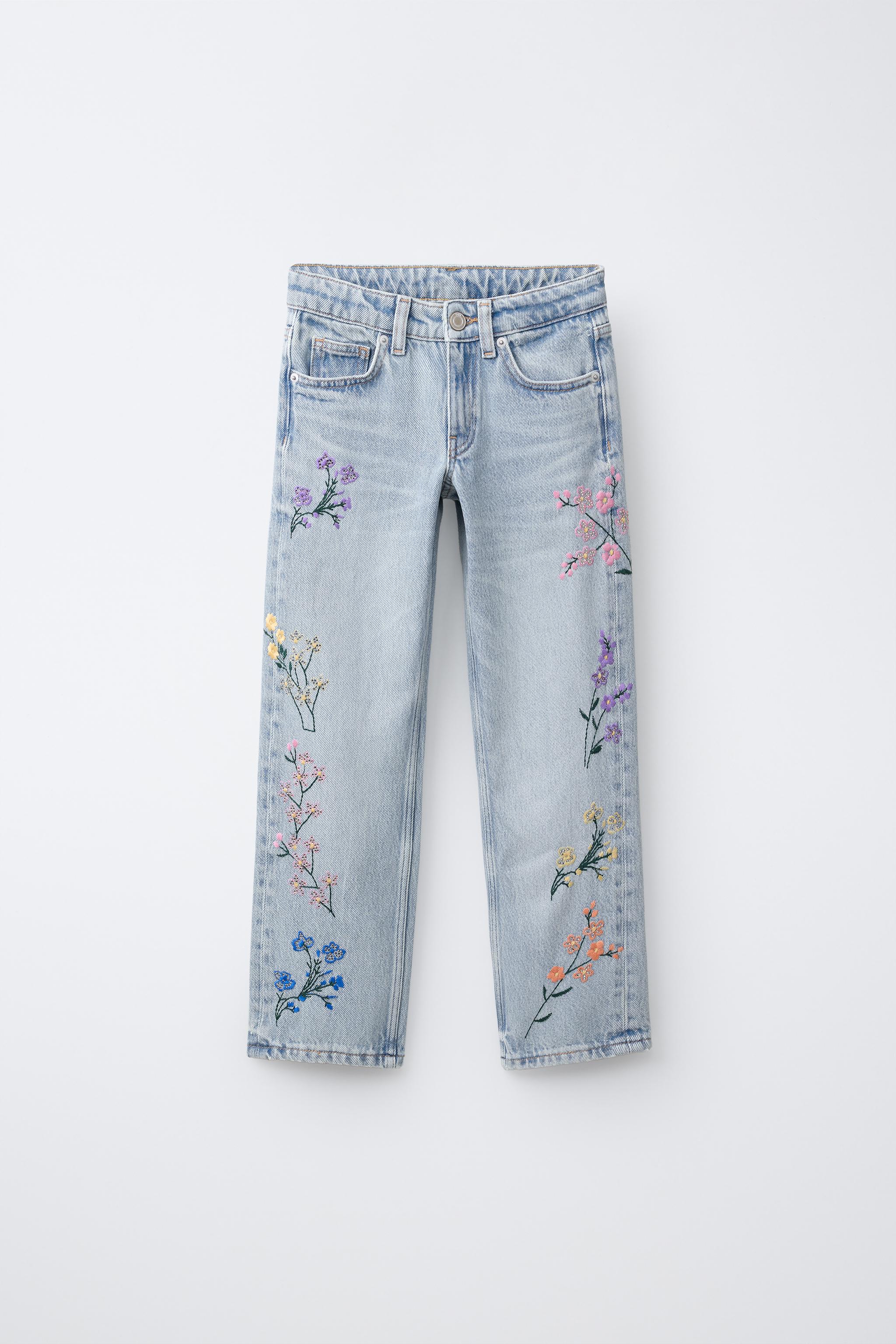 刺繍フラワー ストレートデニムパンツ - ブルー | ZARA Japan / 日本