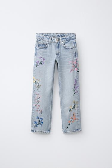 JEANS STRAIGHT FLORES BORDADAS - Azul de Zara