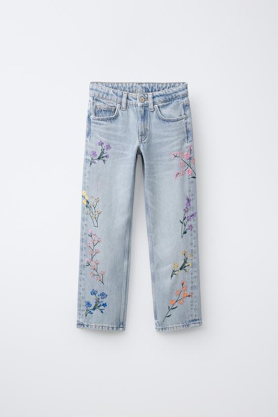 JEANS STRAIGHT COM FLORES BORDADAS - Azul da Zara - Imagem 0