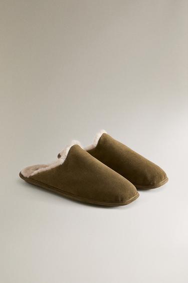 COSY LEATHER SLIPPERS - Khaki Green by Zara - Image 1
