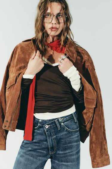 JEANS TRF WIDE LEG بخصر متصالب وسرج عالٍ - بحري الخاص بـ Zara