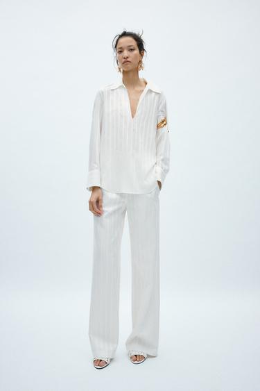 بنطلون بخيط مُمعدن ZW COLLECTION - أبيض الخاص بـ Zara