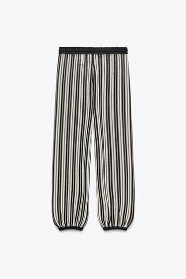 PANTALON RAYÉ À POIGNETS AVEC LIN - Écru / Noir de Zara - Image 6