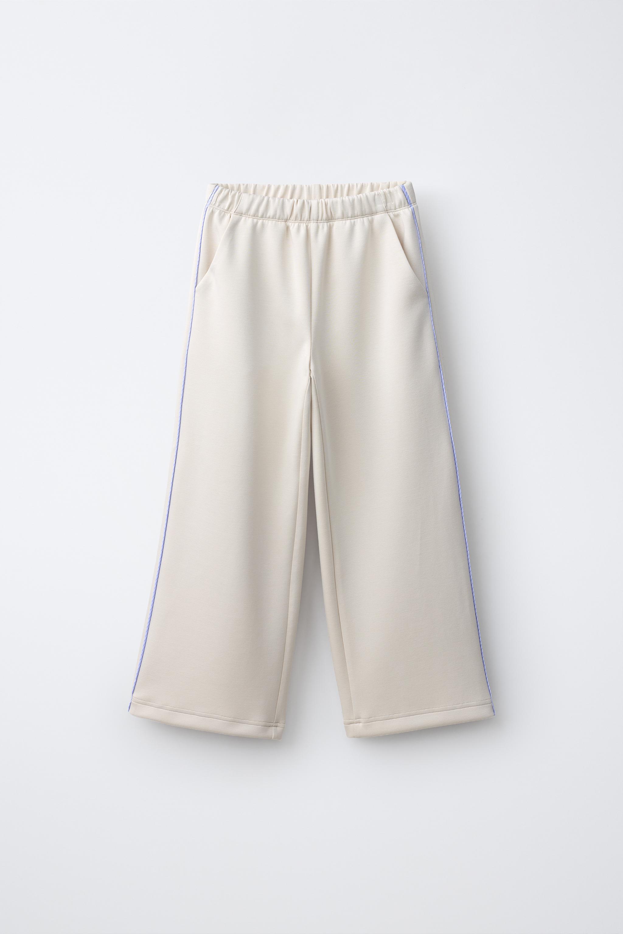 SPORTY STRIPED PIPING WIDE-LEG PANTS — Ecru