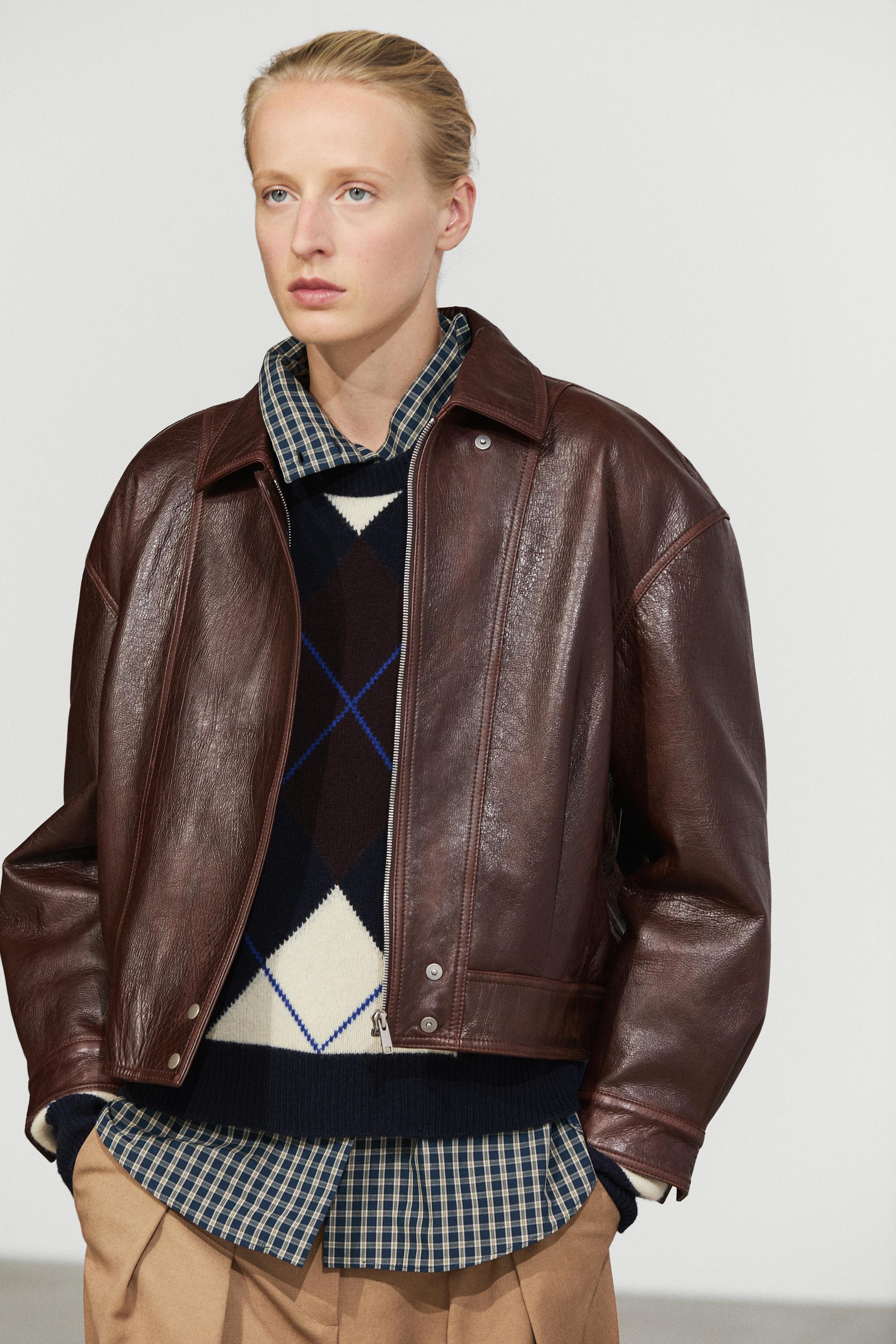 Pleated nappa leather jacket — Brown