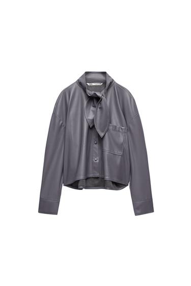 FAUX LEATHER SHIRT WITH BOW