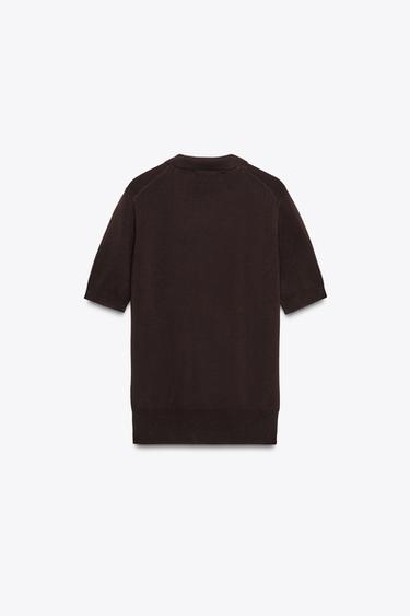 SHORT SLEEVE KNITTED POLO TOP - Chocolate by Zara - Image 6