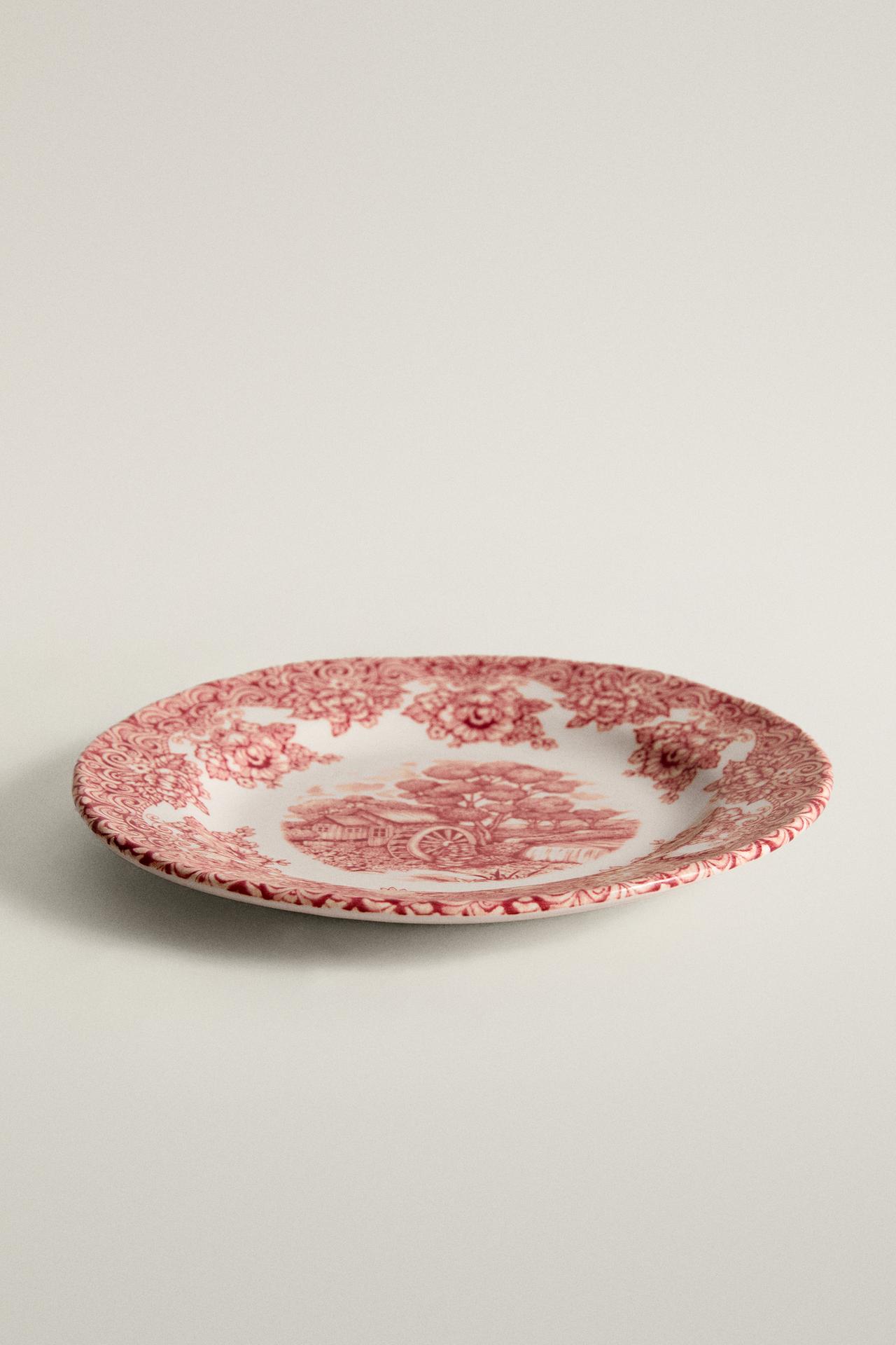 FLORAL LANDSCAPE EARTHENWARE SIDE PLATE — Burgundy