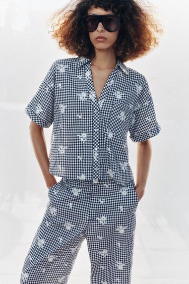 CHEMISE À CARREAUX BRODÉS - Bleu marine / Blanc de Zara - Image 1