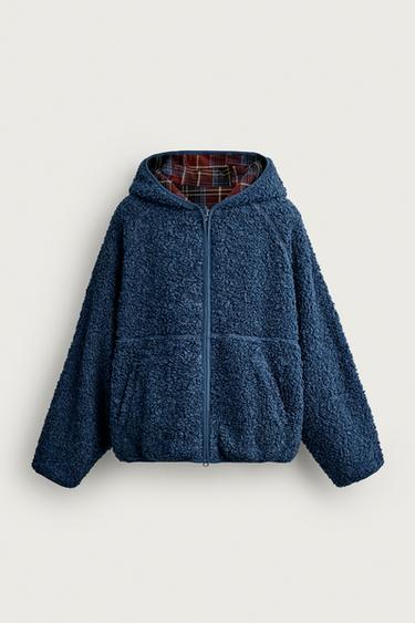 REVERSIBLE FAUX SHEARLING CHECK JACKET - Blue by Zara