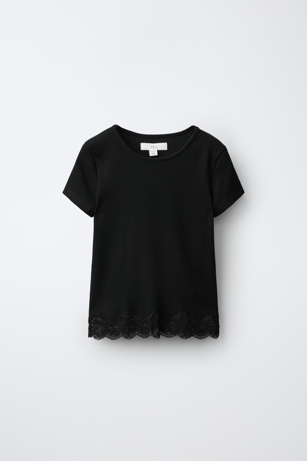 RIBBED LACE T-SHIRT — Black