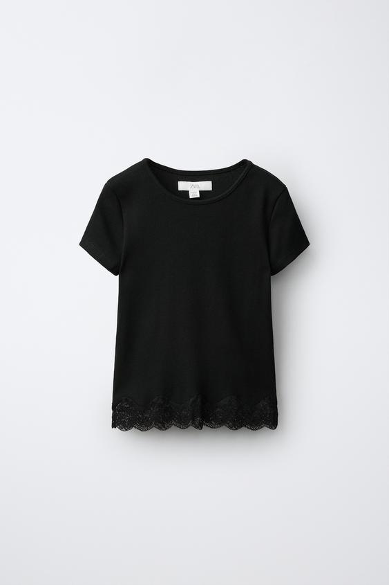 Zara RIBBED LACE T-SHIRT - Black - Image 0