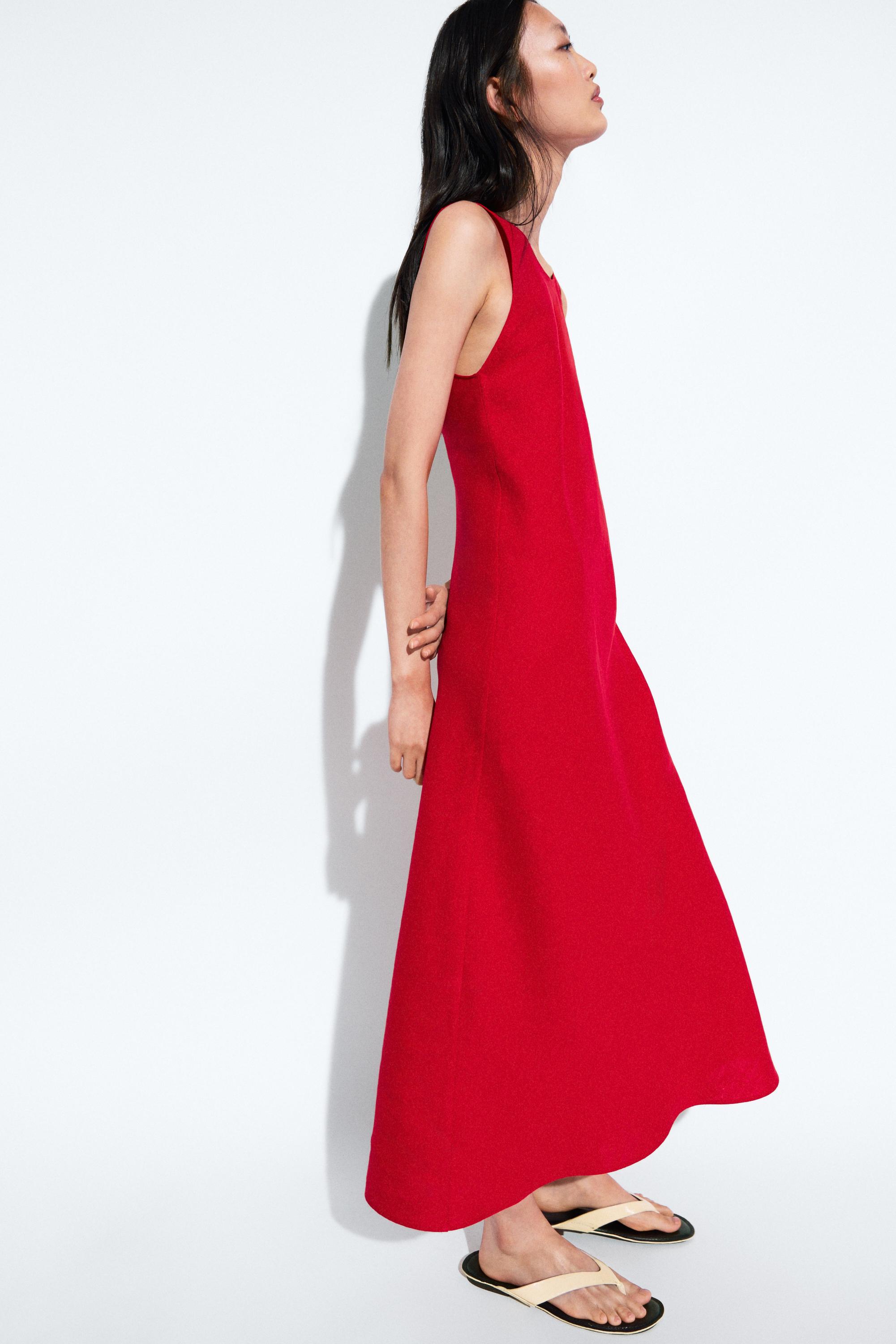 Linen midi dress with open back — Red