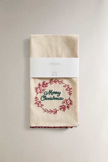 COTTON EMBROIDERED CHRISTMAS TEA TOWEL - Red by Zara - Image 3