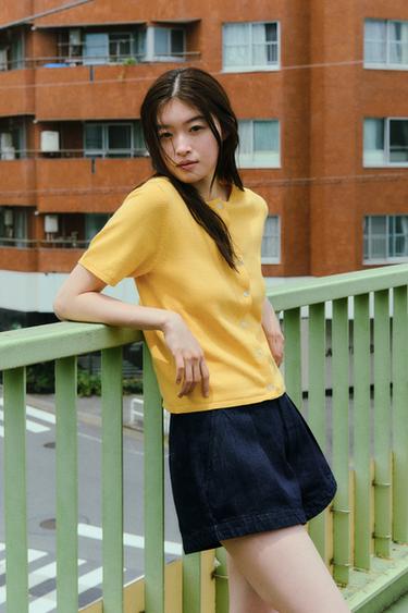 無地ニットジャケットイエローZaraの無地ニットジャケット - イエロー 