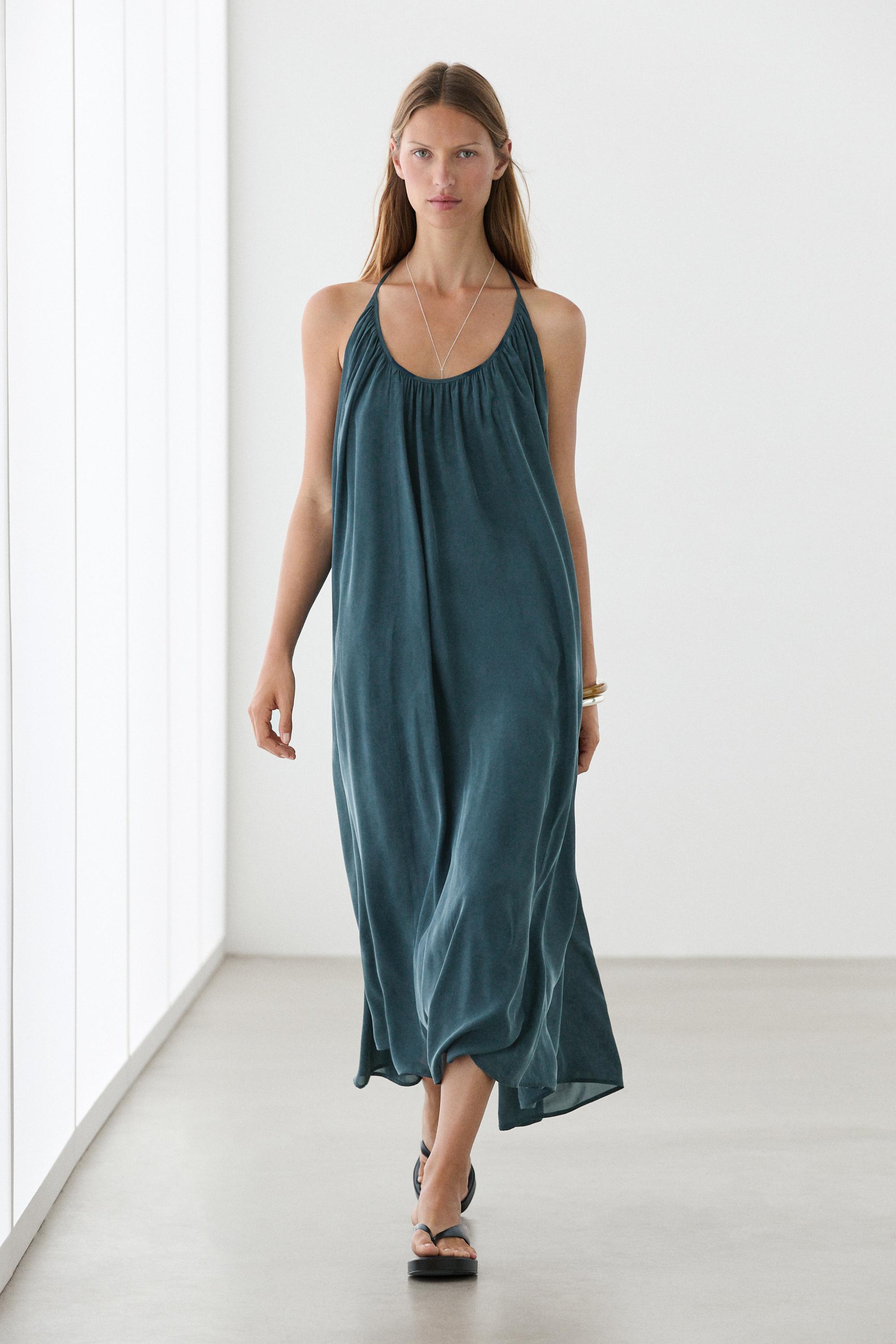 Midi dress with gathered neckline