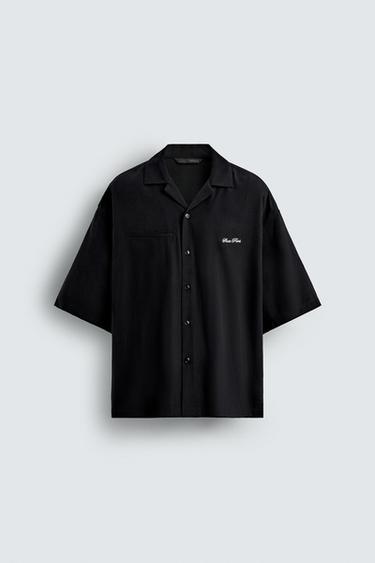 Zara FLOWY SHIRT WITH EMBROIDERED TEXT - Black - Image 0