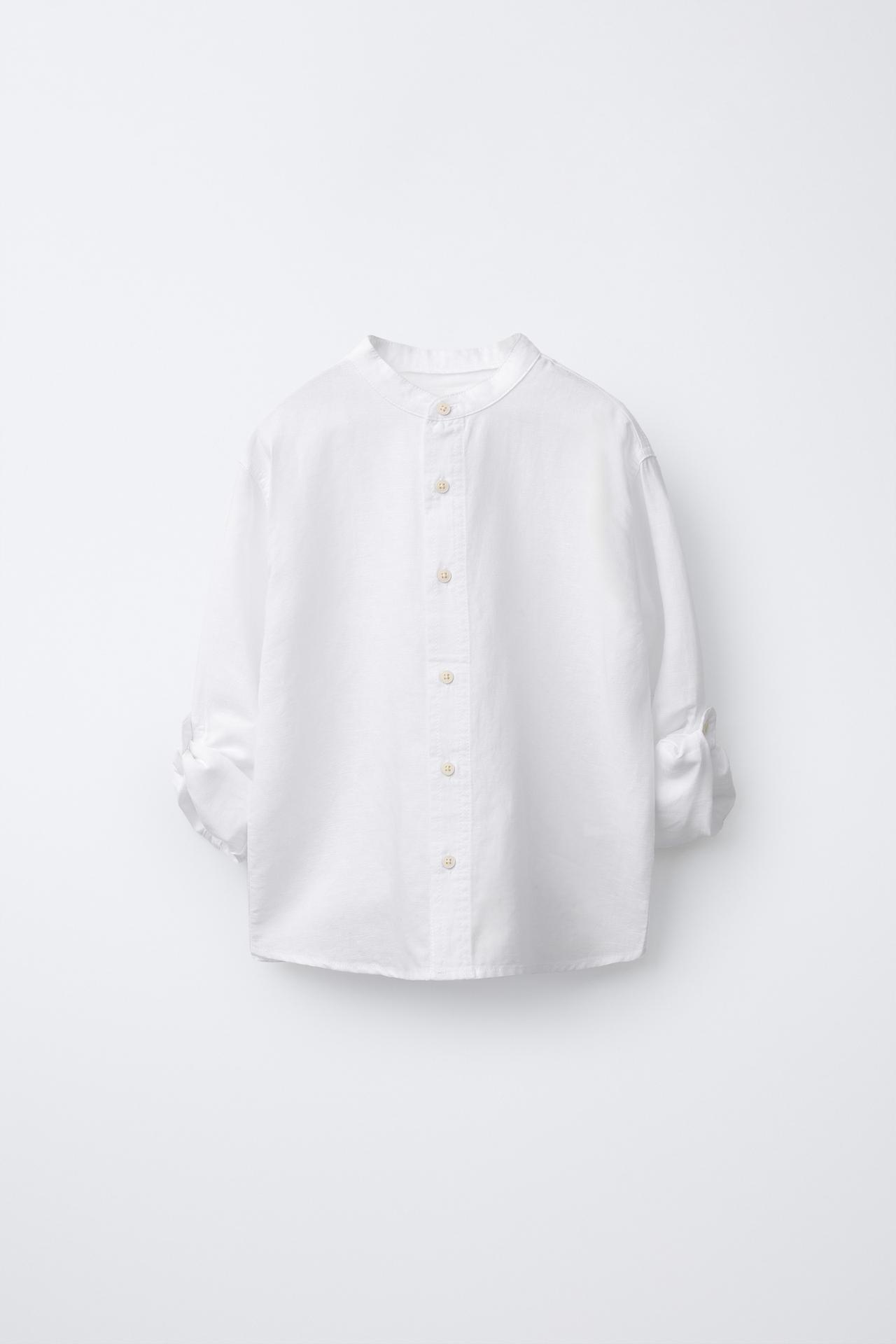 LINEN AND COTTON MANDARIN COLLAR SHIRT — White