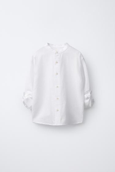 LINEN AND COTTON MANDARIN COLLAR SHIRT — White 1