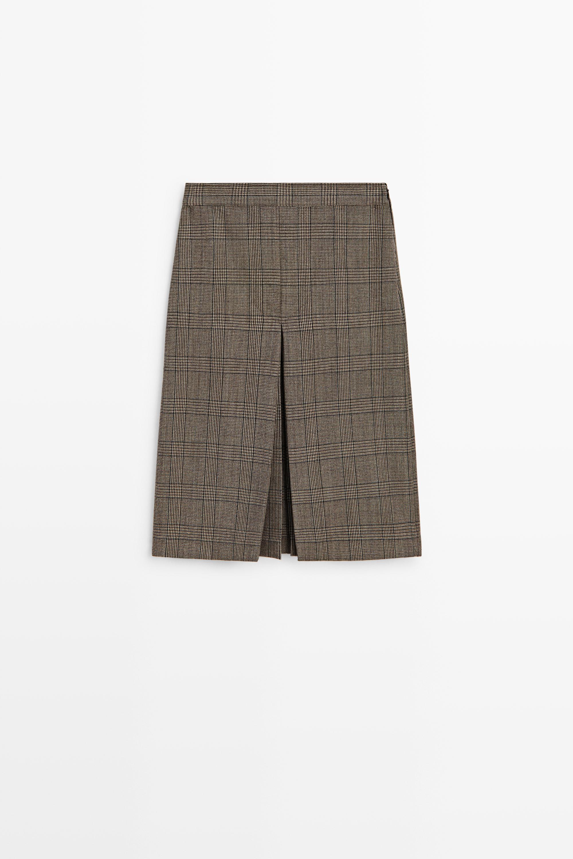 100% wool check midi skirt with pleat detail