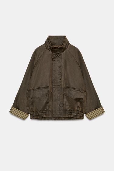 Zara 格紋水洗效果塗蠟外套 - 深棕黃色 - 圖片 0