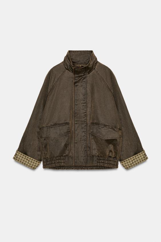 WASHED-EFFECT CHECKED WAXED JACKET - Dark tan by Zara - Image 0