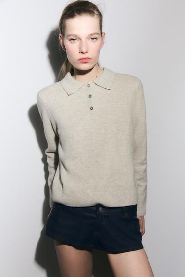 Zara 100% WOOL PLAIN POLO - Sand / Marl