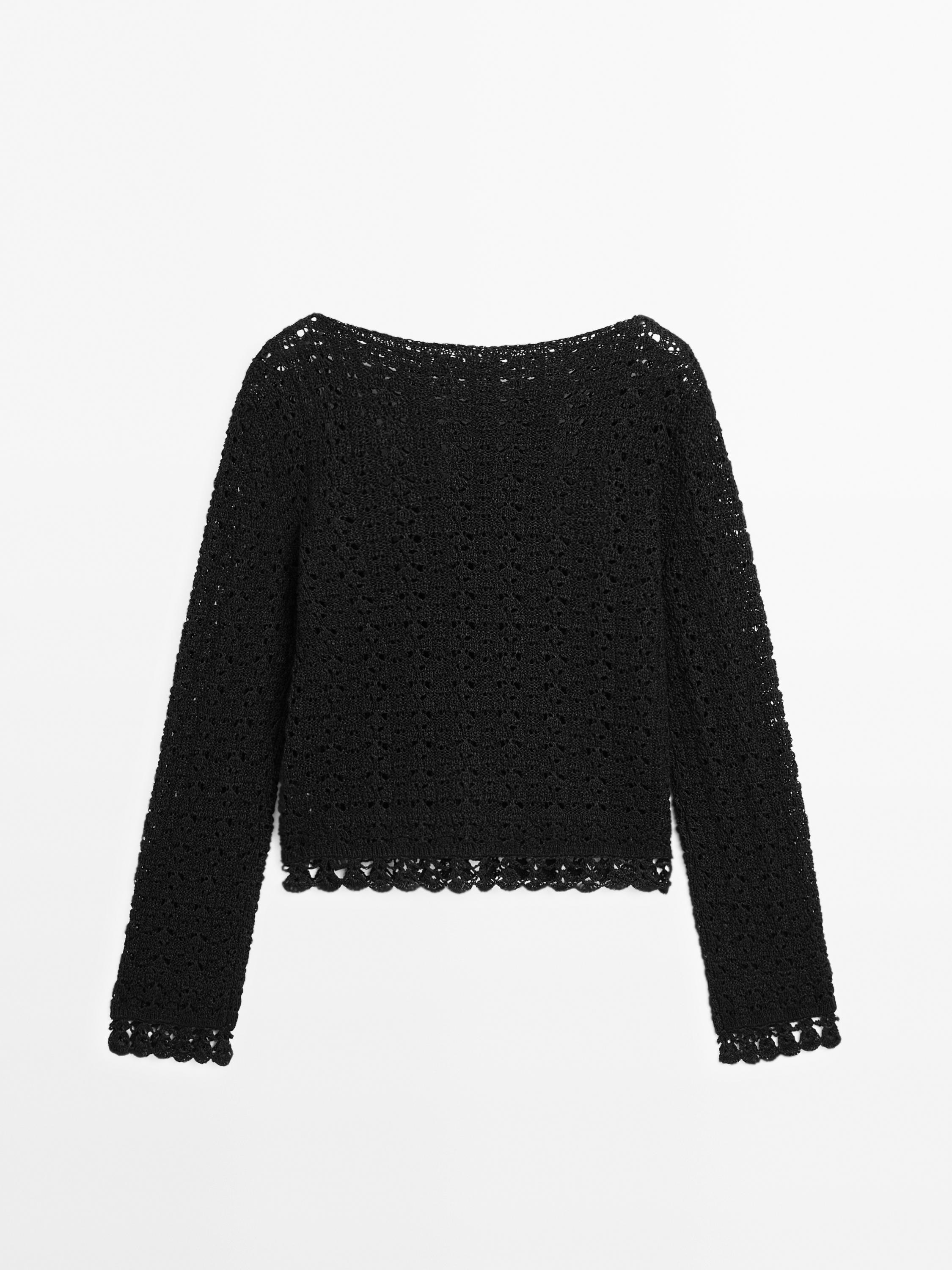 Cotton blend openwork crochet sweater