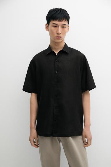 Zara Regular fit 100% linen short sleeve shirt - Black