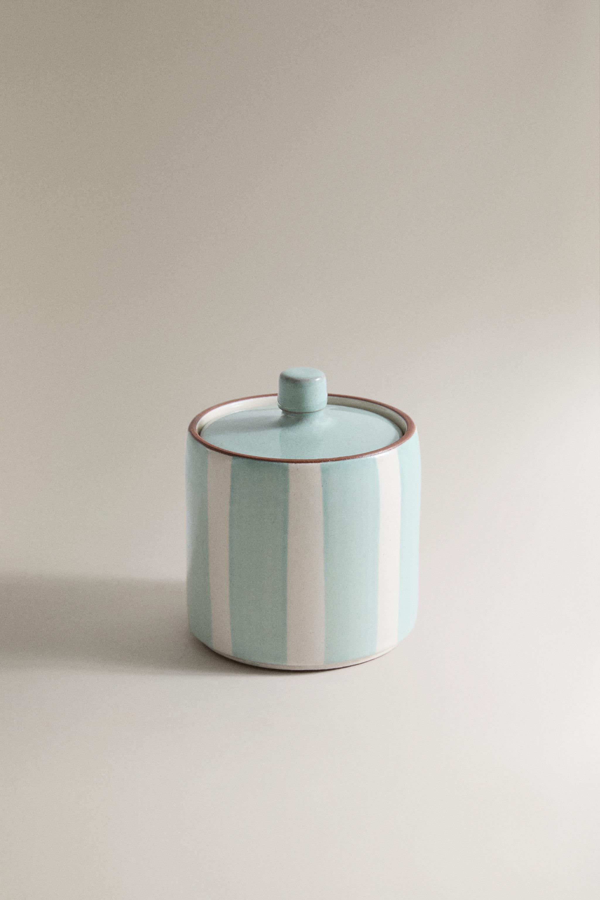 STRIPED CERAMIC BATHROOM ORGANIZER JAR — Blue / White