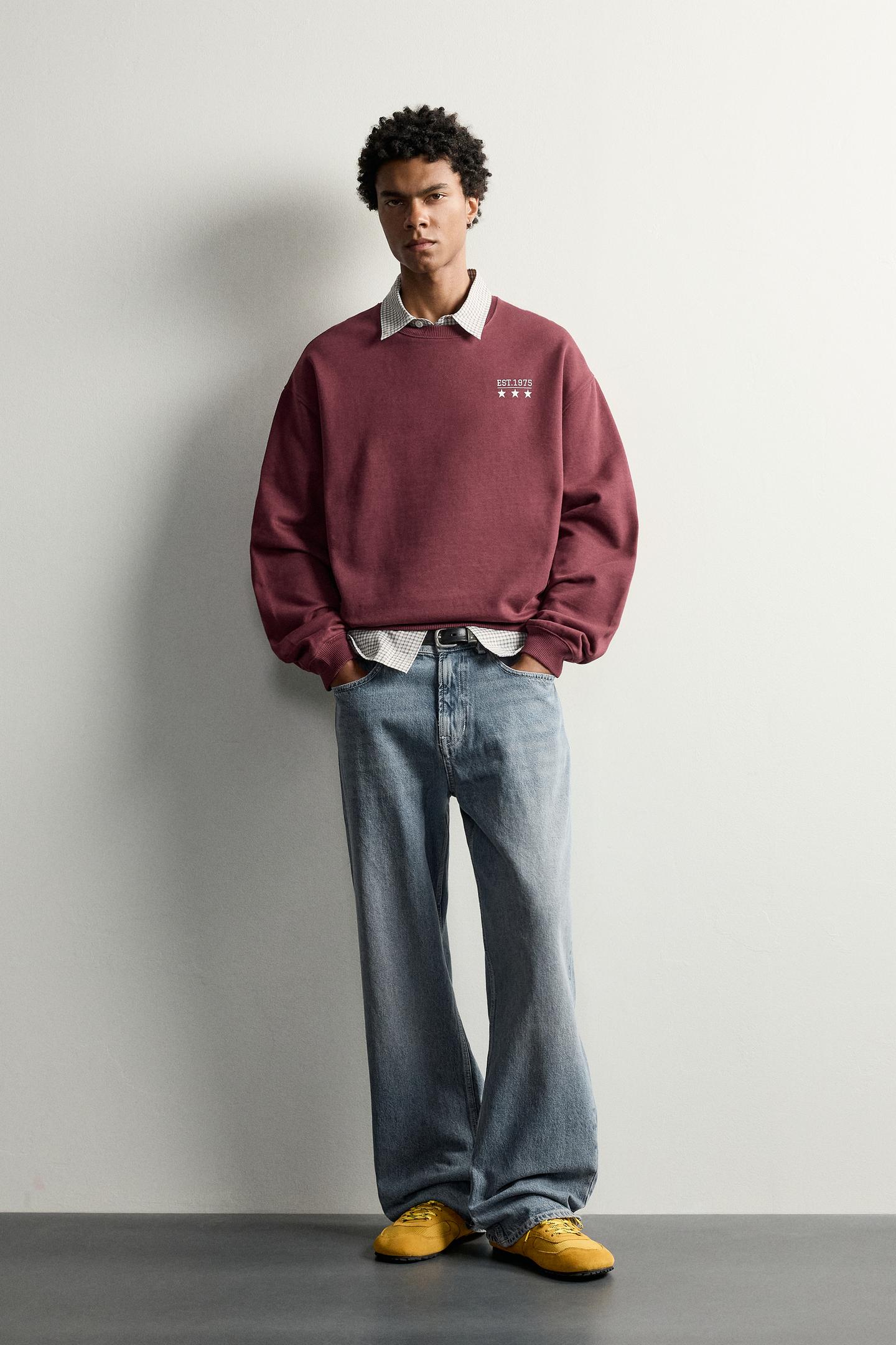 Мужская толстовка Zara Relaxed Fit Text Patch, цвет: Тёмно-бордовый — фото 1