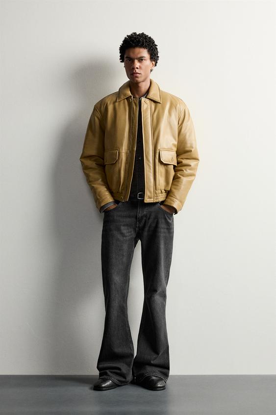 RELAXED FIT PADDED LEATHER JACKET - Ochre by Zara - Image 0