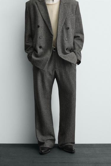 HERRINGBONE TEXTURED SUIT TROUSERS WITH WOOL - Grey by Zara
