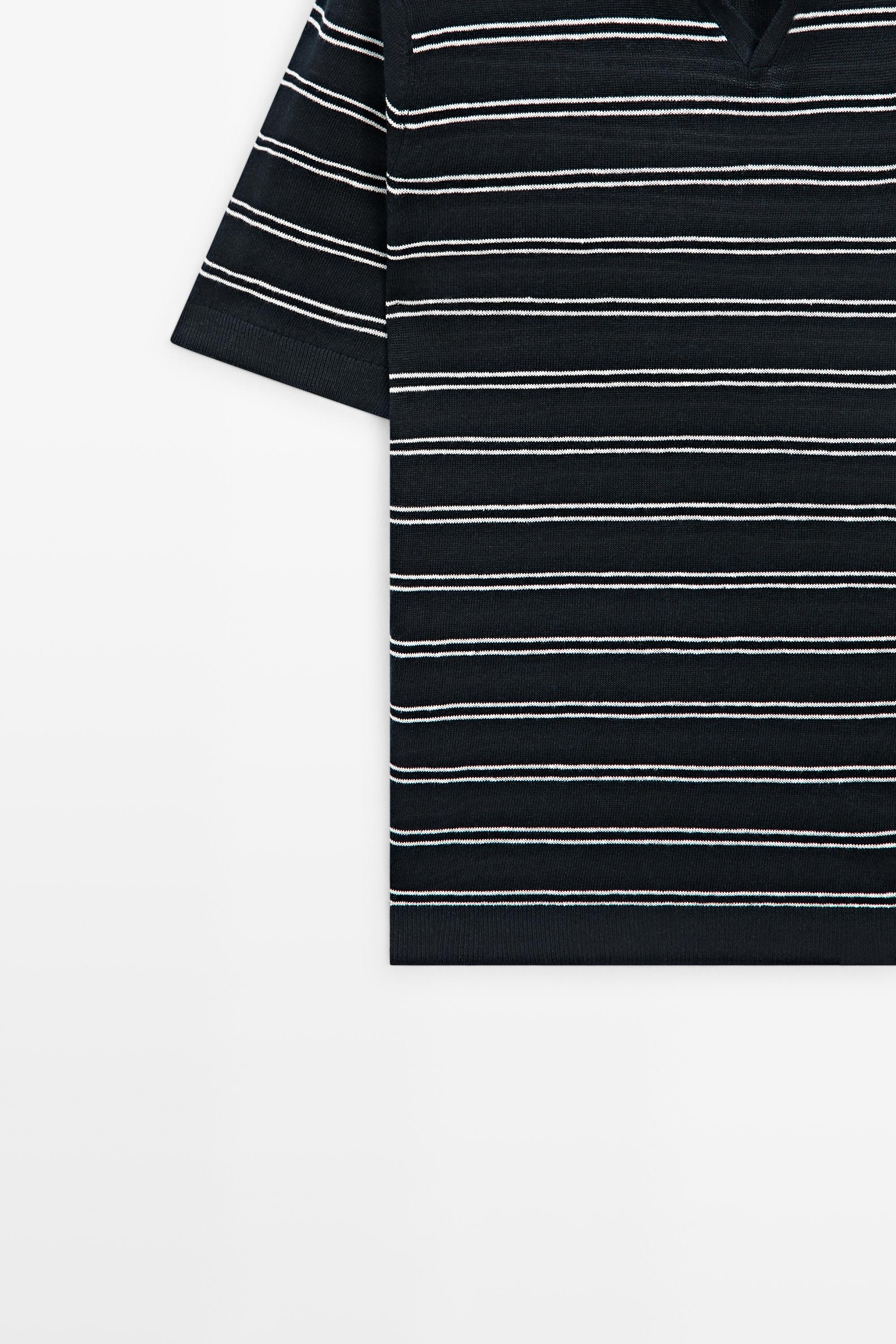 Striped 100% linen V-neck polo shirt