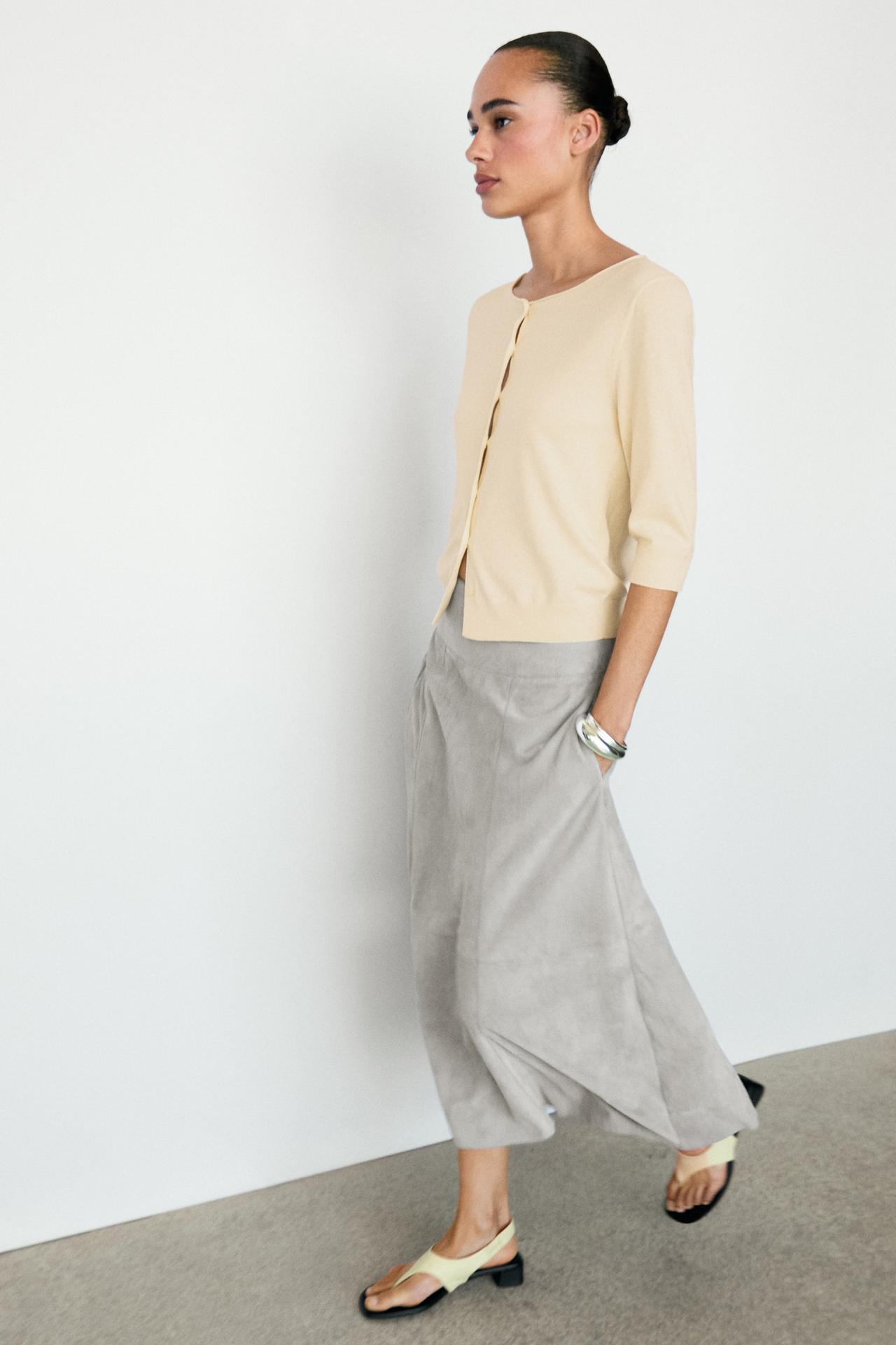 Cotton blend boat neck cardigan — Yellow