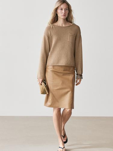 Zara Cotton and linen knit sweater with pocket detail - Light brown