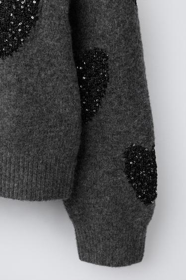 PULL EN MAILLE CŒURS PAILLETTES - Gris anthracite de Zara - Image 3