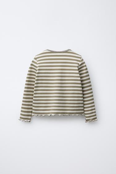 T-SHIRT À RAYURES BRILLANTES BRODÉ - Écru / Vert de Zara - Image 1