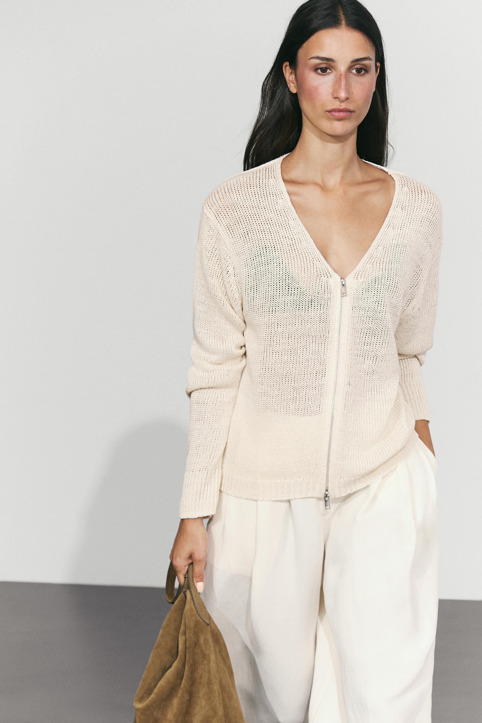 100% linen knit zip-up cardigan