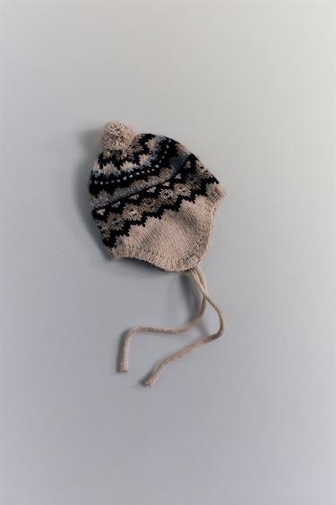 ジャカードニットボンネット ポンポンゴールデンブラウンZaraのジャカードニットボンネット ポンポン - ゴールデンブラウン