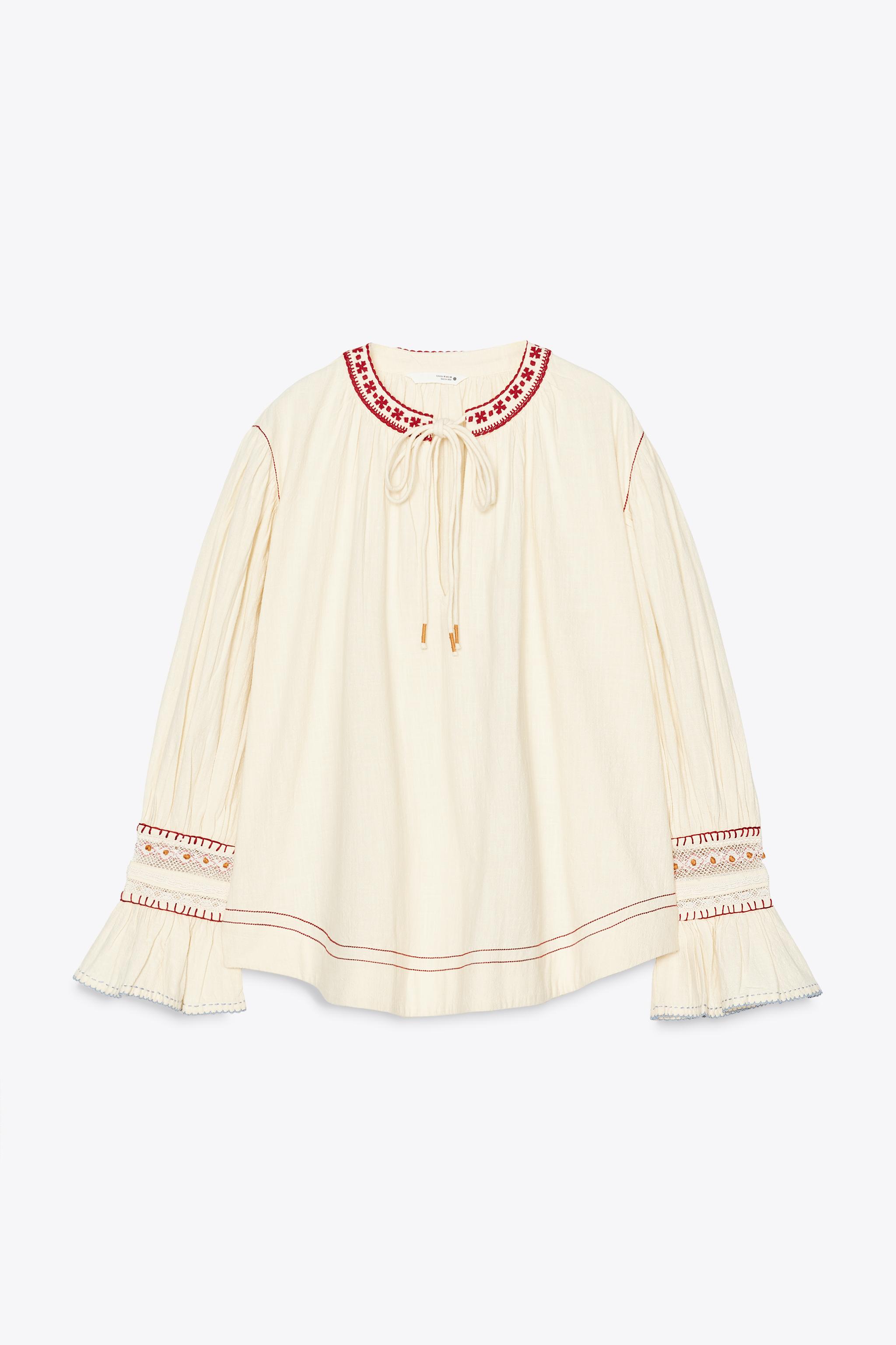 ZW COLLECTION EMBROIDERED SHIRT - Ecru / Maroon | ZARA